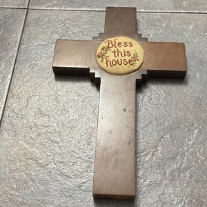 Brown Wooden Cross with Embroidered Blessing